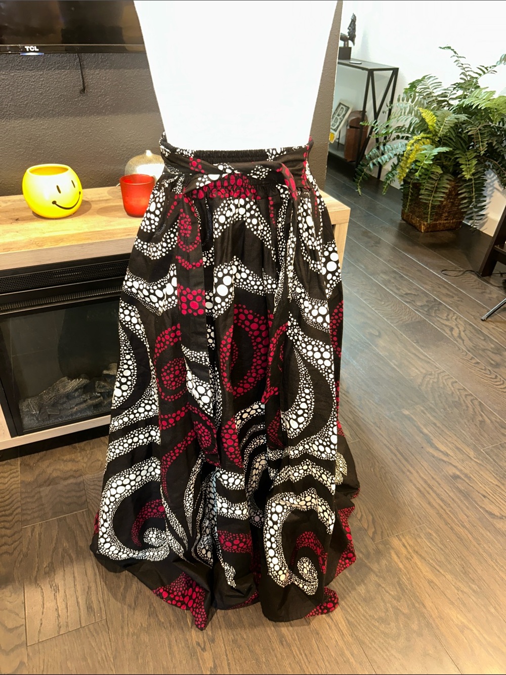 Black Printed Maxi Skirt with Red and White Swirl Pattern
